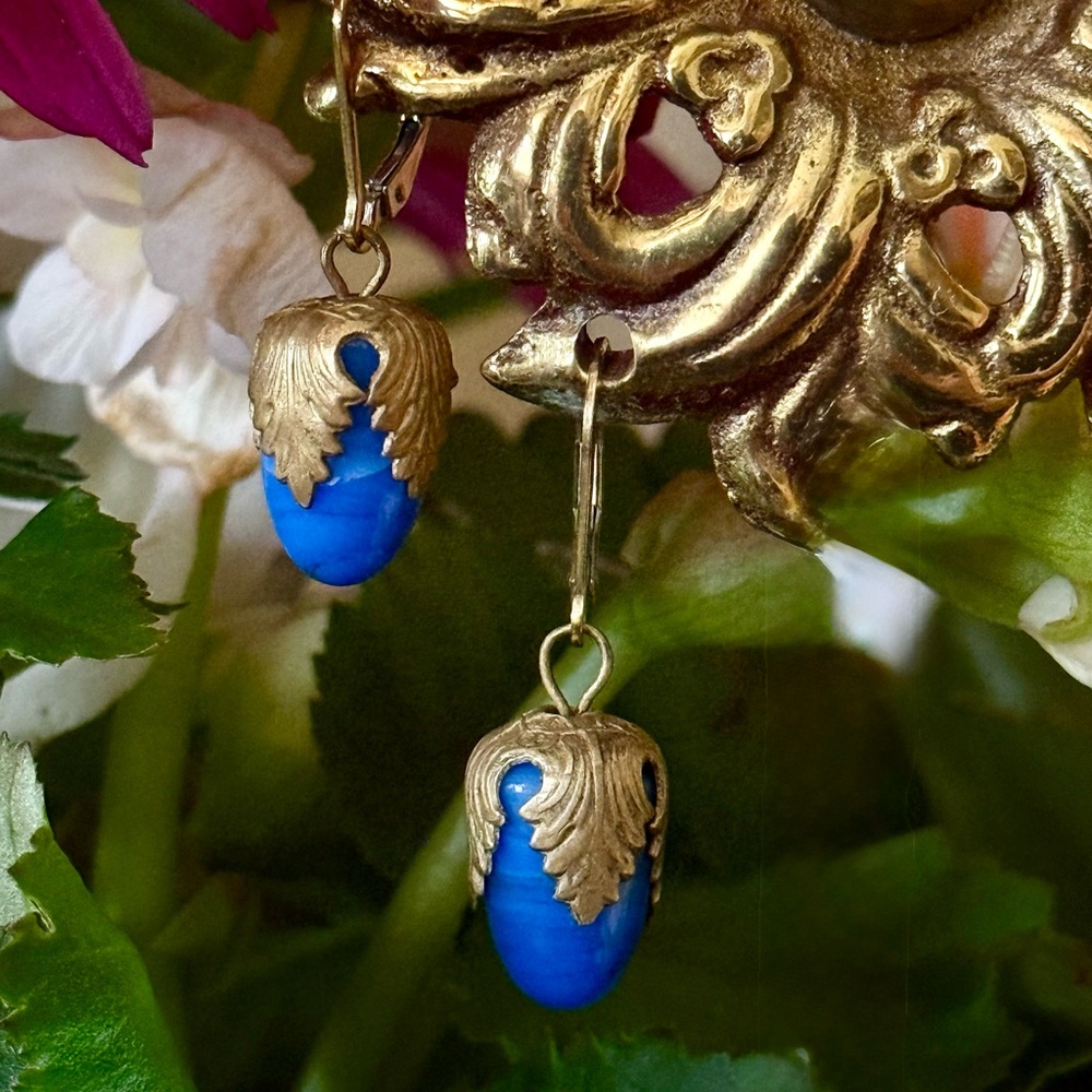 Antique blue glass acorn Drop Earrings